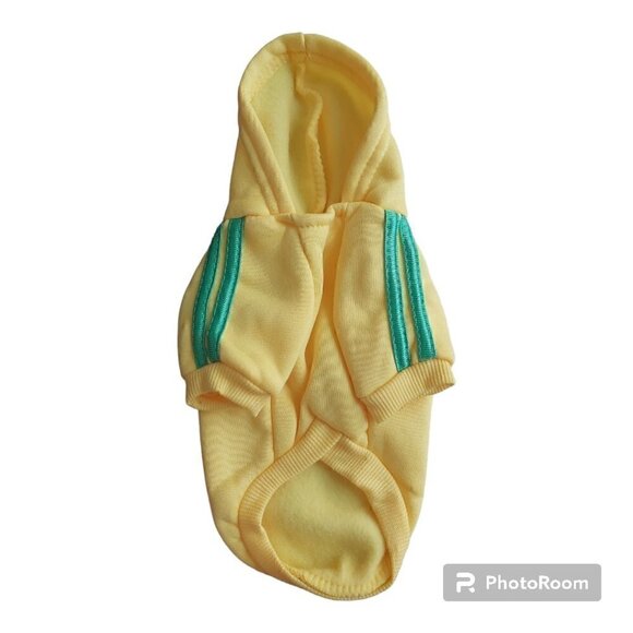 SMALL Yellow "DOGANGEL" Dog Shirt Hoodie With Green Stripes On the Front Legs - Picture 2 of 5